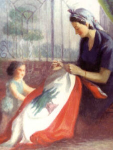 A Mother Sewing the Flag in front of her Daughter / ١٩٥٠ - أم تخيط العلم أمام طفلتها